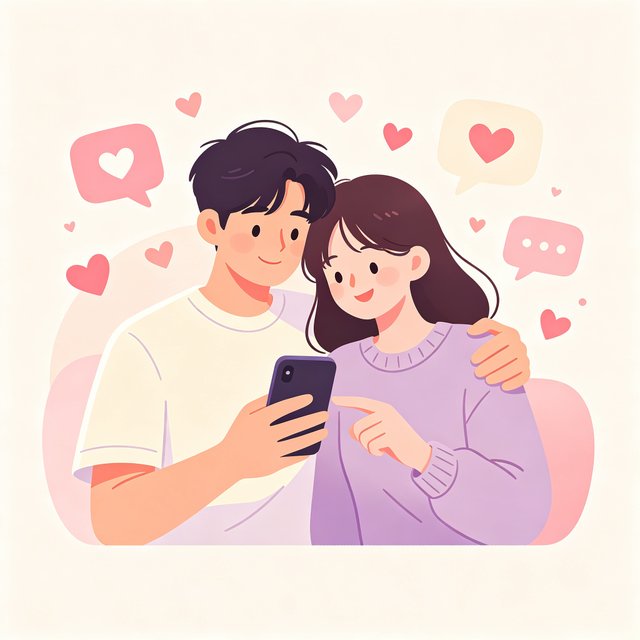 lovemo情侣依偎手机聊天的温馨陪伴插画